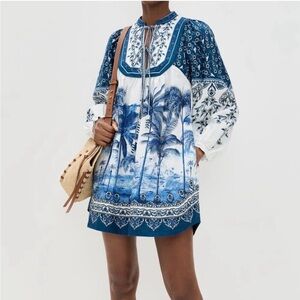 FARM RIO Palm Tree Beach Printed Linen-blend Mini Dress